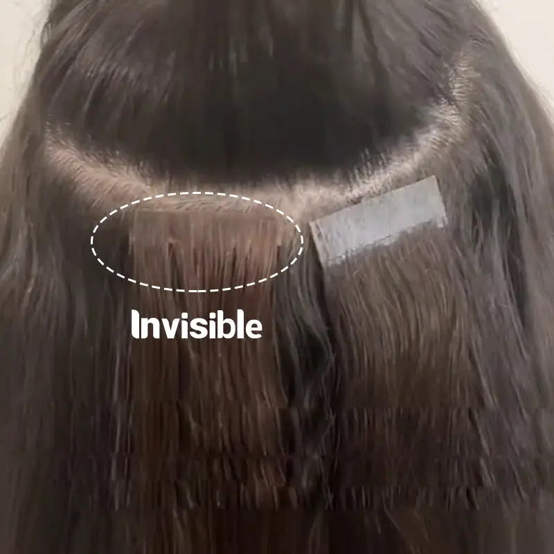 Skin Weft tape-in extensions: Diagram comparing an attachment marked Invisible with a conventional tape tab