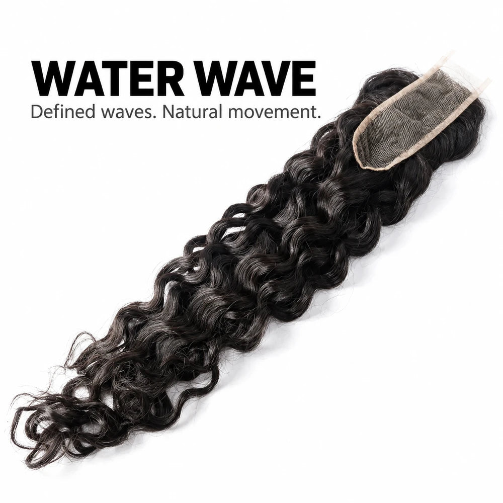 Angled underside view of a Water Wave closure showing defined waves and a narrow lace base