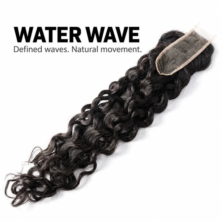 Angled underside view of a Water Wave closure showing defined waves and a narrow lace base