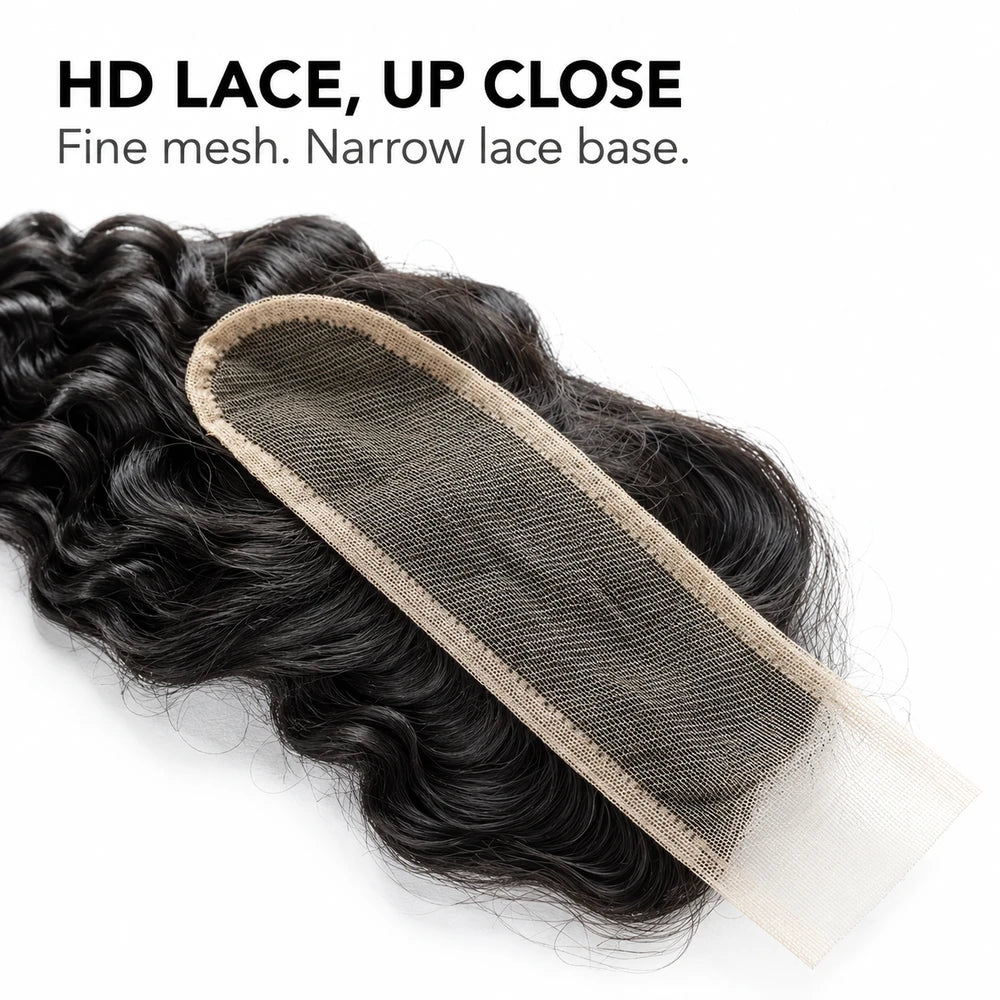 Close-up of the Water Wave closure lace mesh and stitched U-shaped edge