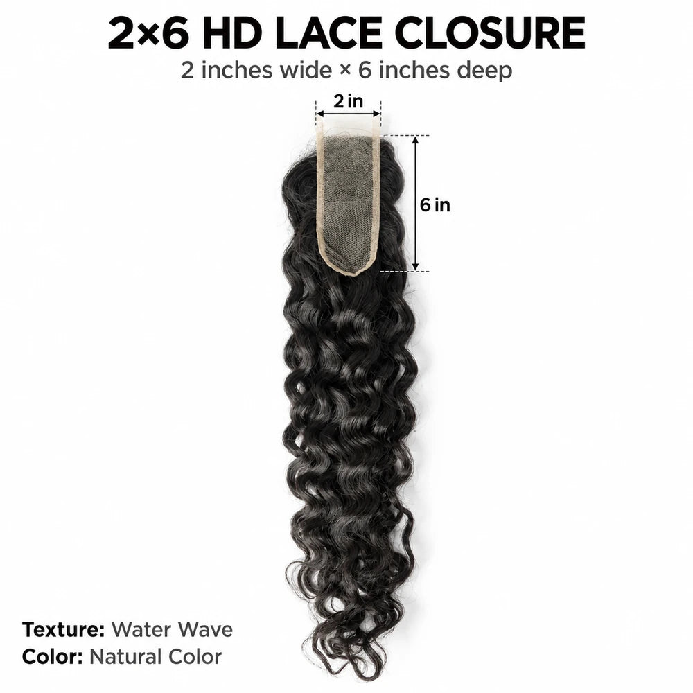 Water Wave HD lace closure size guide showing a base 2 inches wide and 6 inches deep