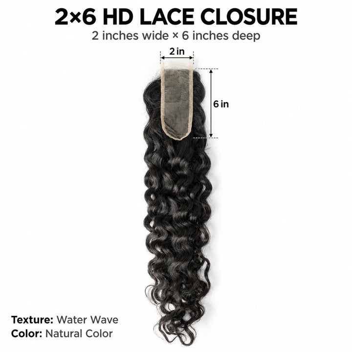 Water Wave HD lace closure size guide showing a base 2 inches wide and 6 inches deep