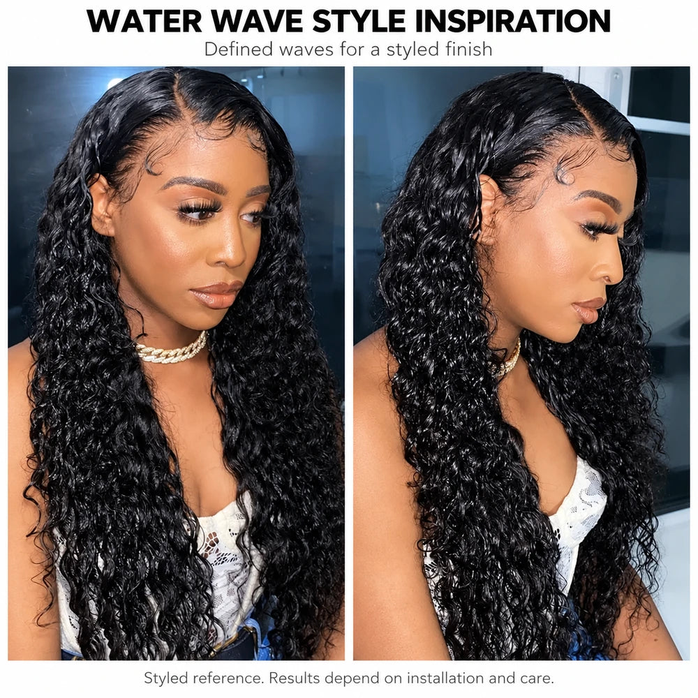 Two model hairstyle references showing black Water Wave hair from different angles