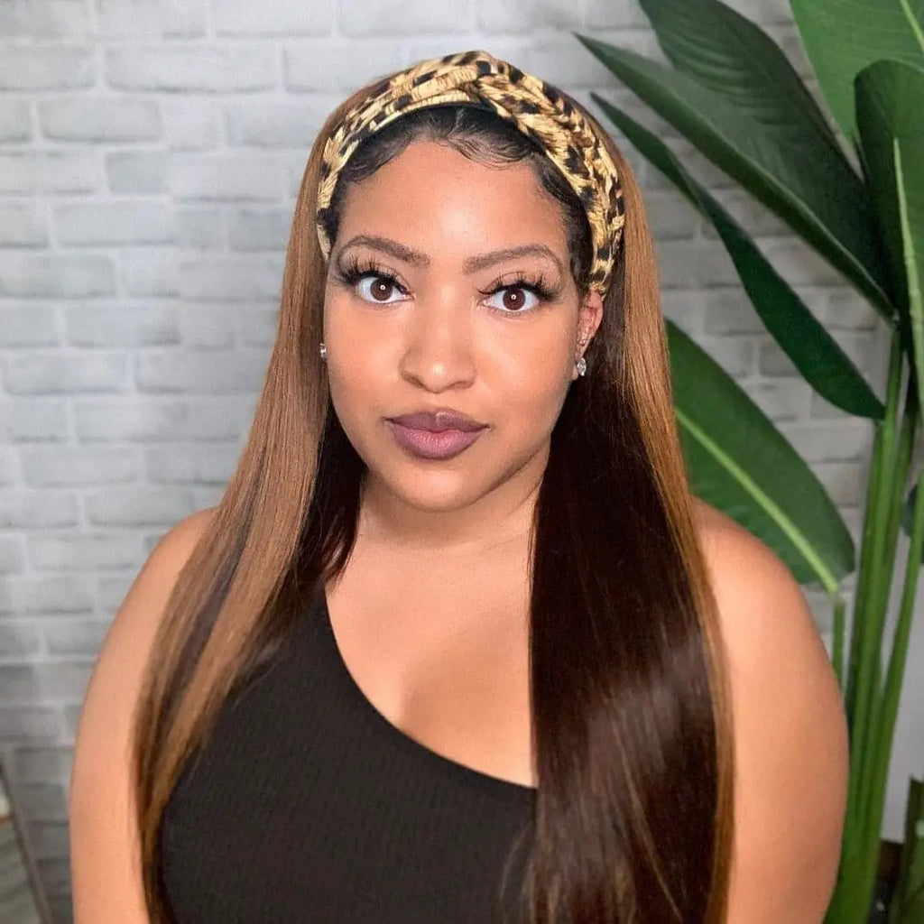 Headband Wig Mix Highlights Silky Straight Human Hair HBWSTM 1