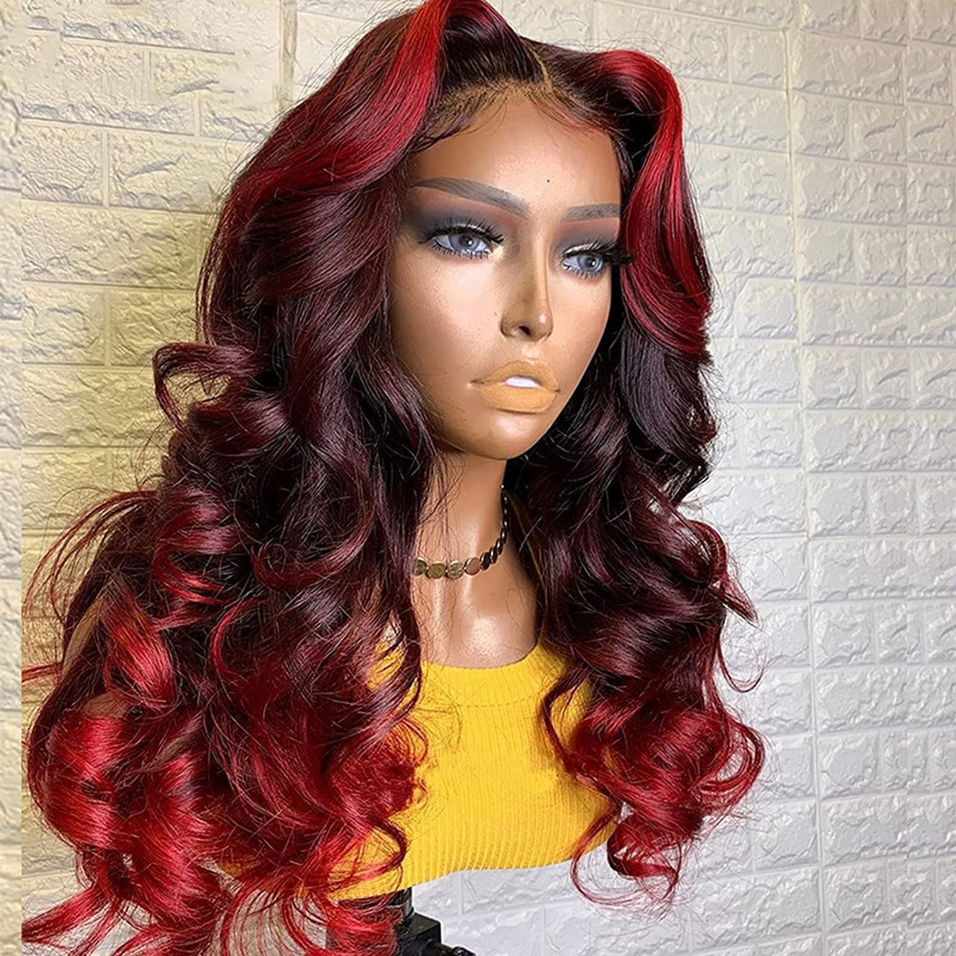 Ombre Burgundy and Red Body Wave Lace Front Wig BWSTR - 14 / 13x6 lace cap  / 150%