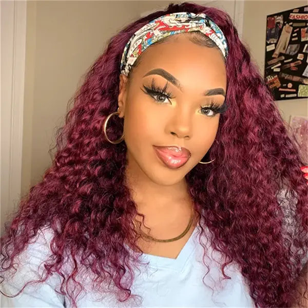 Headband Wig #99J Deep Curly Human Hair HBWDC9
