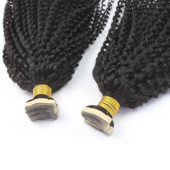 Afro Kinky Curly tape-in extensions: Two attachment ends beside coily lengths
