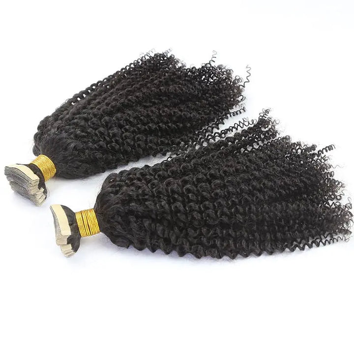 Afro Kinky Curly tape-in extensions: Coily hair spread across a white background