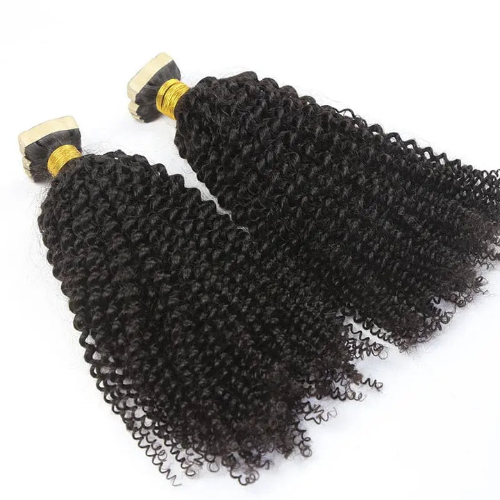 Afro Kinky Curly tape-in extensions: Coily lengths fanned out to show the ends