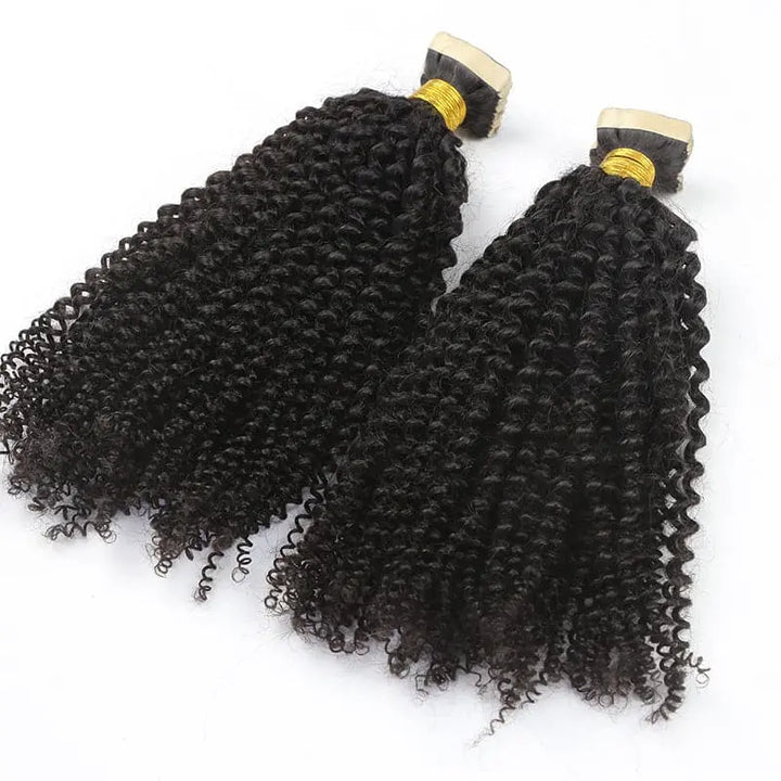 Afro Kinky Curly tape-in extensions: Two coily sections laid at an angle