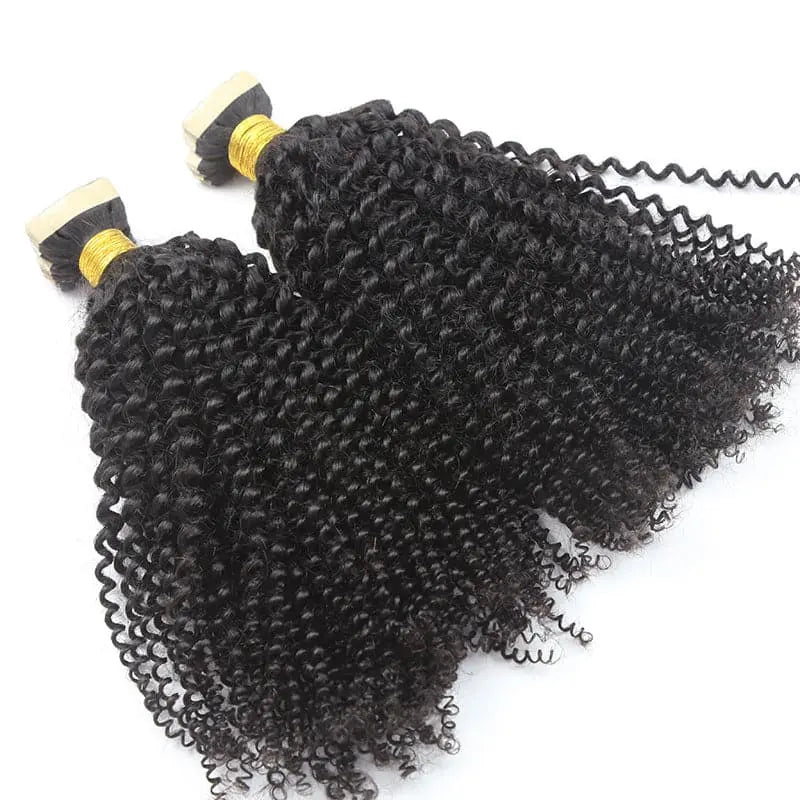 Afro Kinky Curly tape-in extensions: Two wefts arranged to compare their coily texture
