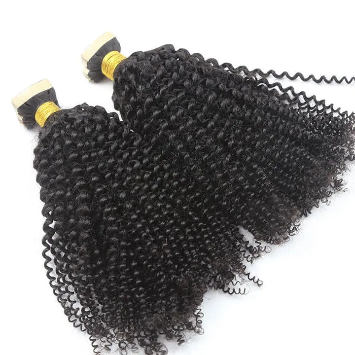 Afro Kinky Curly tape-in extensions: Two wefts arranged to compare their coily texture