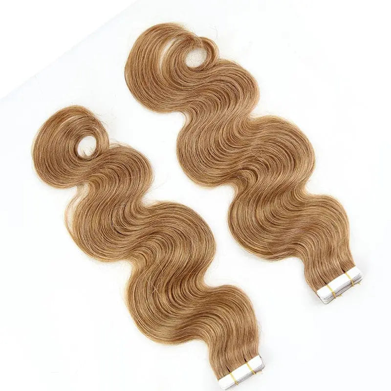 Body Wave tape-in extensions in #30 color: Two wefts showing the colored wave pattern