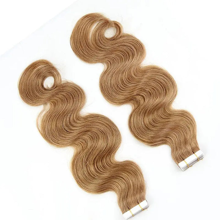 Body Wave tape-in extensions in #30 color: Two wefts showing the colored wave pattern