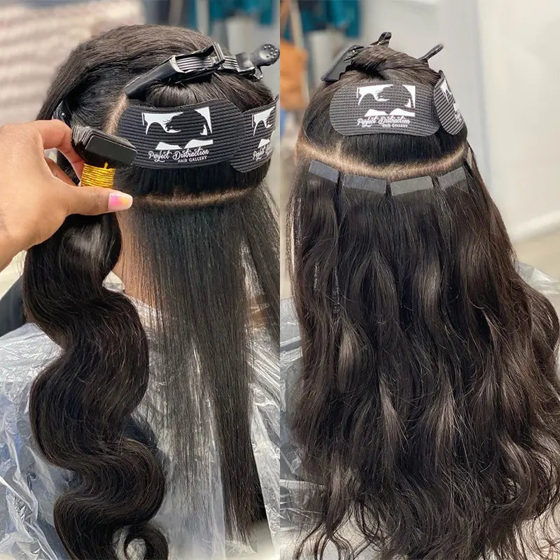 Body Wave tape-in extensions: Back views showing a wavy tape-in installation
