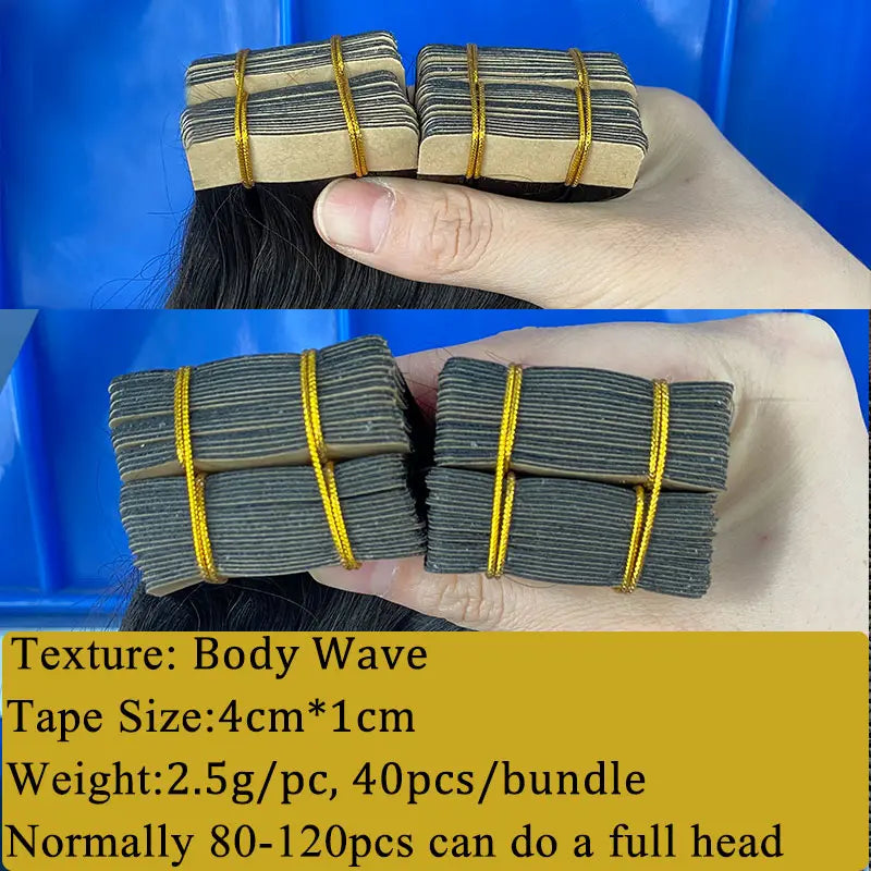 Body Wave tape-in extensions: Tape-tab close-ups with pack specification captions