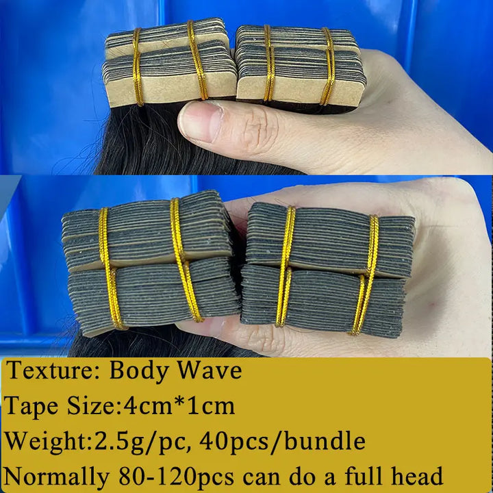 Body Wave tape-in extensions: Tape-tab close-ups with pack specification captions