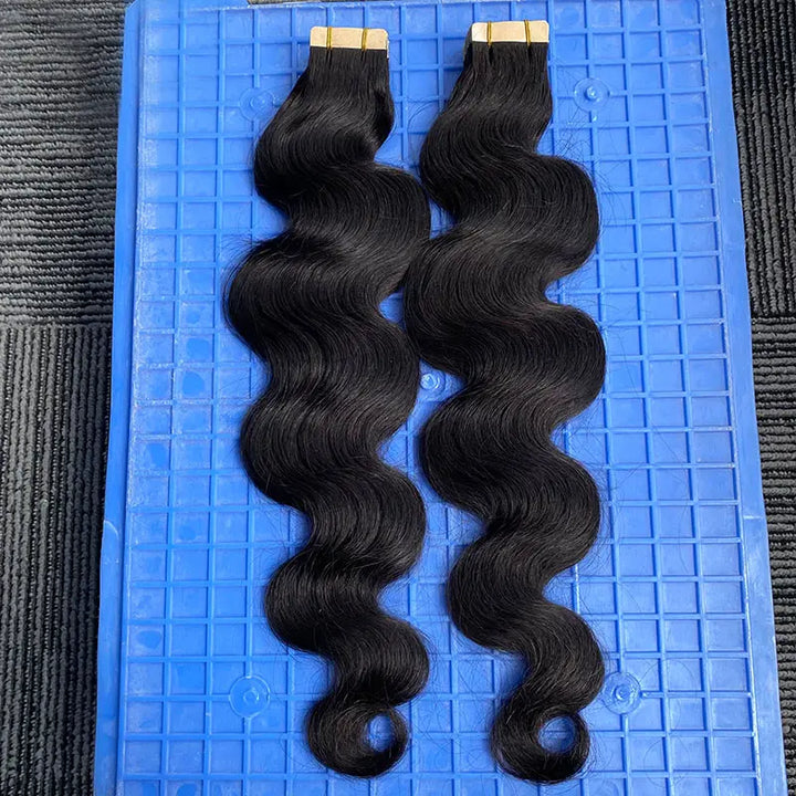 Body Wave tape-in extensions: Paired wefts showing the wave pattern