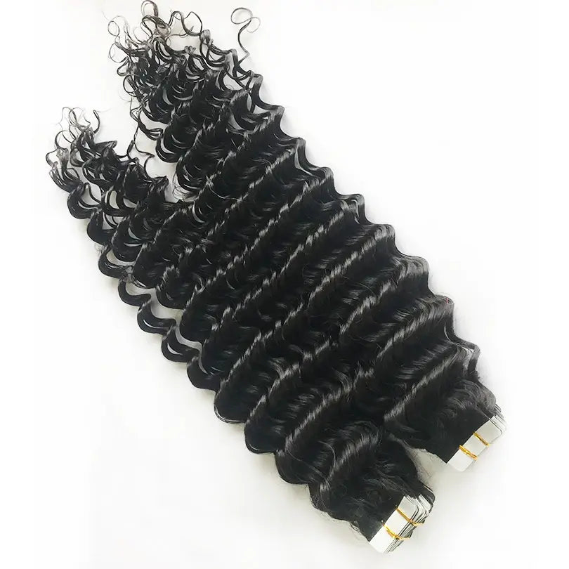 Deep Wave tape-in extensions: Two wavy sections fanned out on white