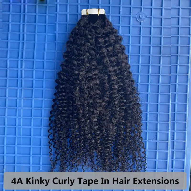 Kinky Curly tape-in extensions: Curly wefts hanging against a blue background