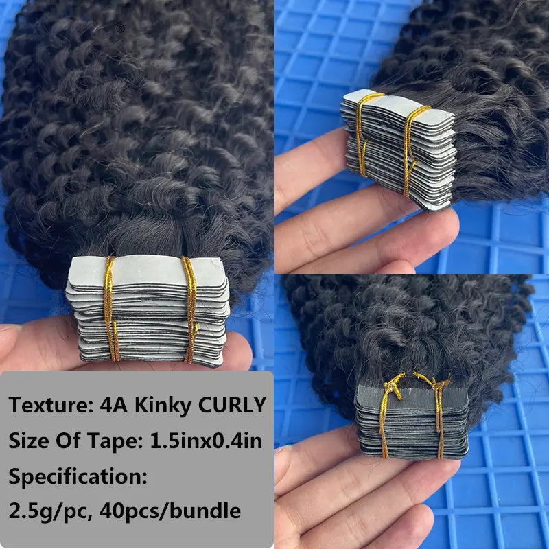 Kinky Curly tape-in extensions: Collage showing curls, tape tabs and product specifications