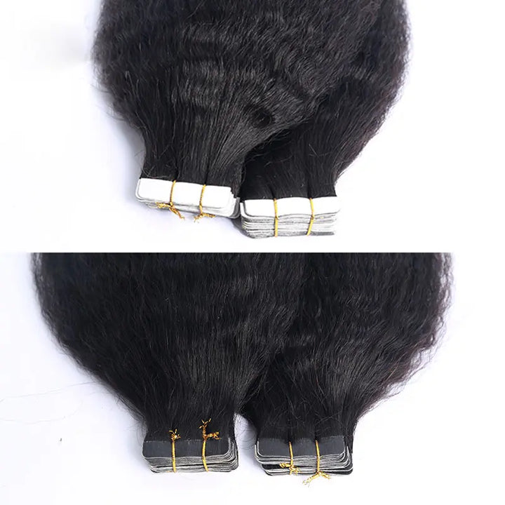 Kinky Straight tape-in extensions: Close-up views of the attachment ends