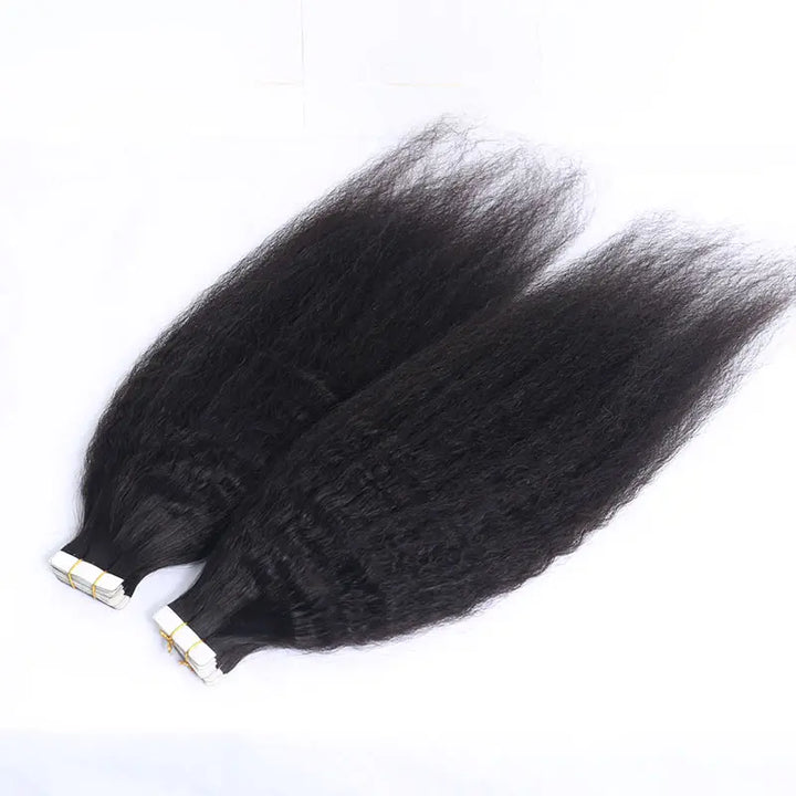 Kinky Straight tape-in extensions: Two fanned hair sections showing the ends