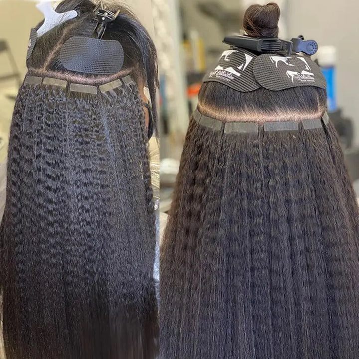 Kinky Straight tape-in extensions: Tape-in installation shown from the back with sectioned hair