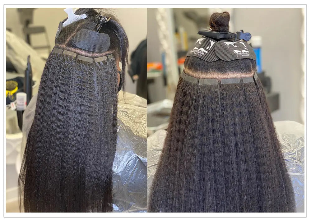 Kinky Straight tape-in extensions: Two back views comparing the tape-in installation