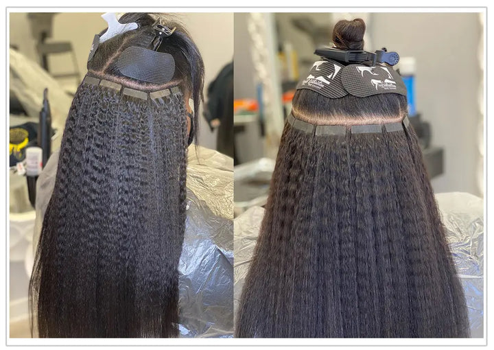 Kinky Straight tape-in extensions: Two back views comparing the tape-in installation