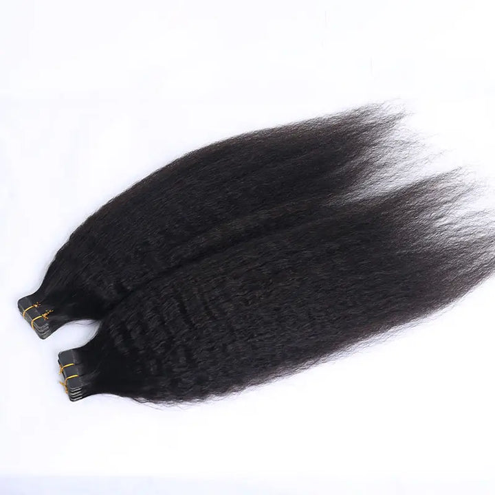 Kinky Straight tape-in extensions: Lengths laid flat with a straightened appearance