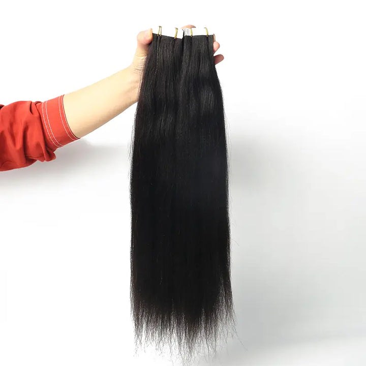 Light Yaki Straight tape-in extensions: Reverse view of extensions held by the attachment edge