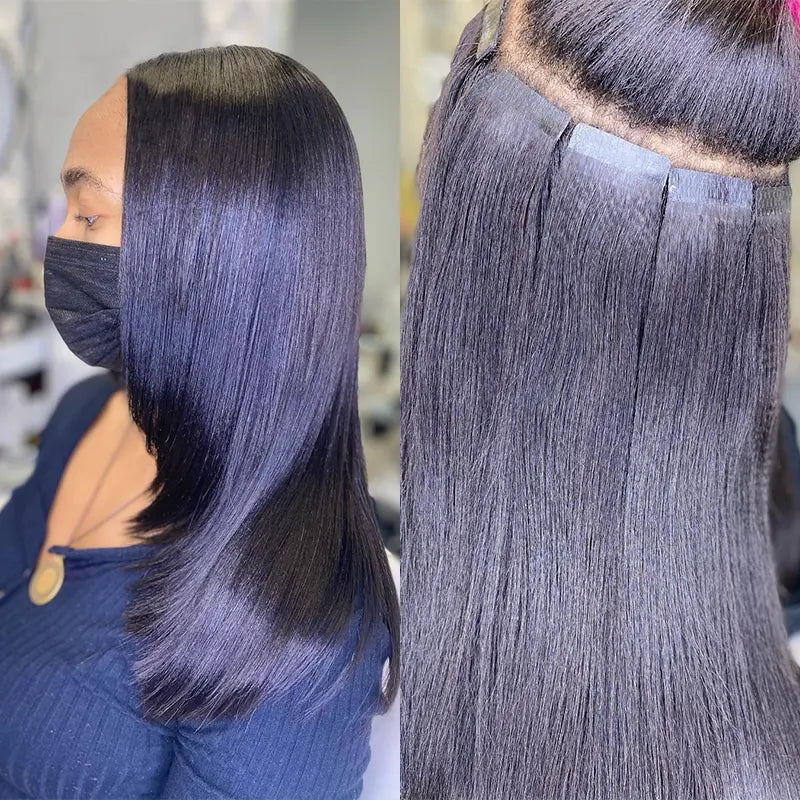Light Yaki Straight tape-in extensions: Parted hair showing tape-in placement and a straight finish