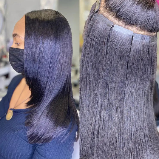 Light Yaki Straight tape-in extensions: Parted hair showing tape-in placement and a straight finish