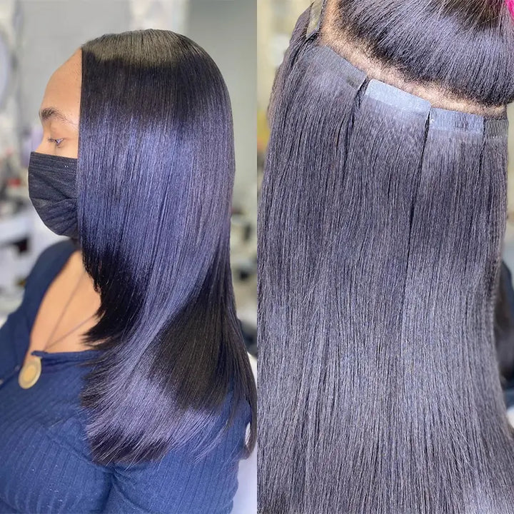 Light Yaki Straight tape-in extensions: Parted hair showing tape-in placement and a straight finish