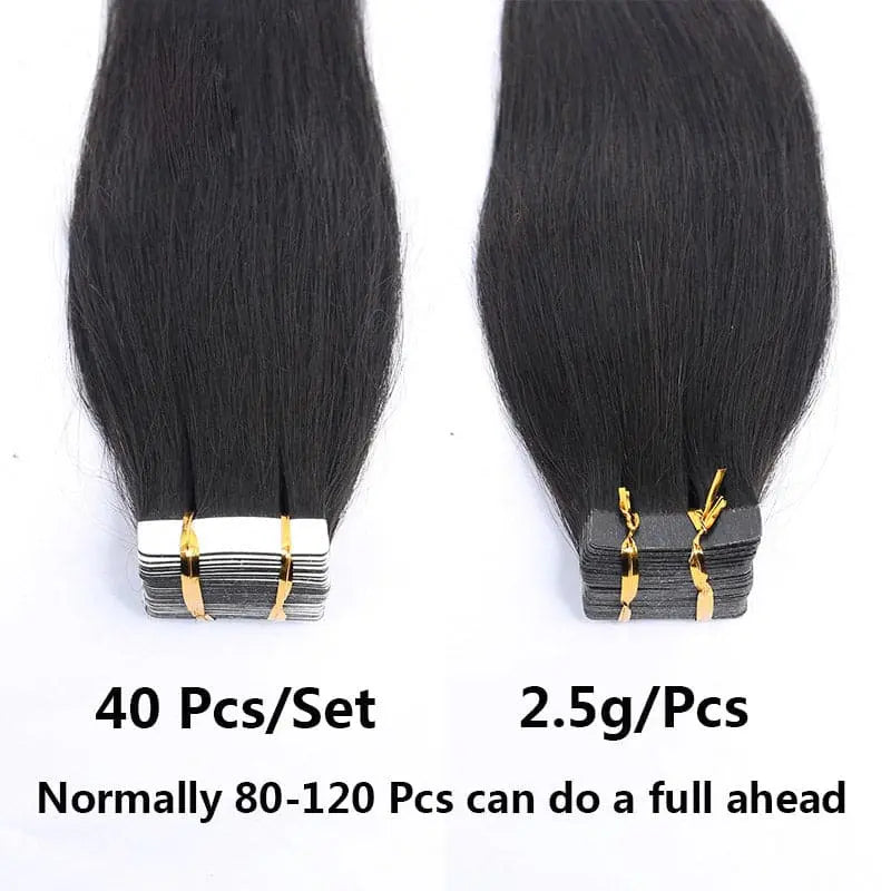 Light Yaki Straight tape-in extensions: Paired wefts with piece-count and weight captions
