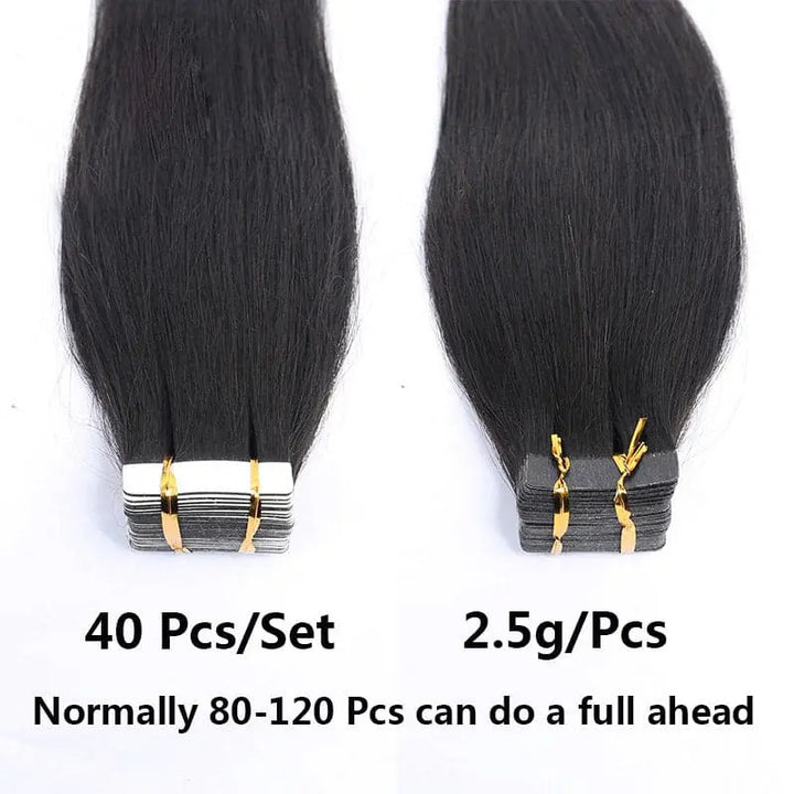Light Yaki Straight tape-in extensions: Paired wefts with piece-count and weight captions