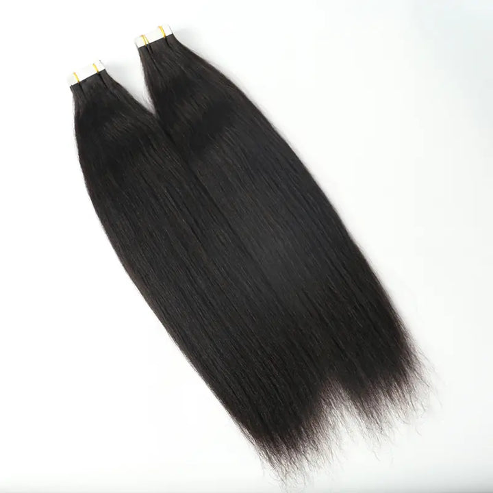 Light Yaki Straight tape-in extensions: One weft displaying lightly textured straight lengths