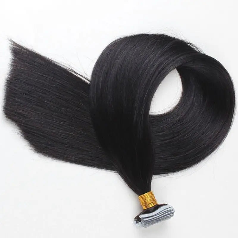 Silky Straight tape-in extensions: Smooth hair arranged in a curved shape