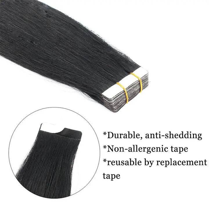Silky Straight tape-in extensions: Detail of a tape edge with product feature captions