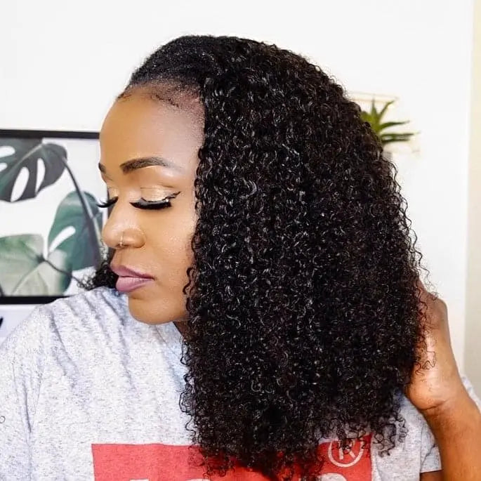 Tight Curly tape-in extensions: Side view of a curly installed-style reference