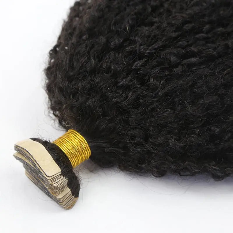 Tight Curly tape-in extensions: Close-up of curly hair and grouped tape tabs